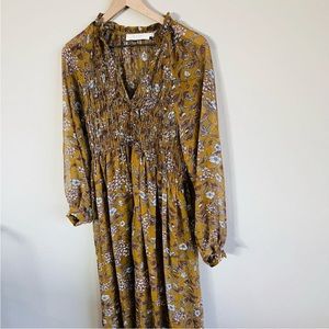 ASTR The Label Mustard Yellow Women’s Boho Smocked Long Sleeve Sheer Midi Dress